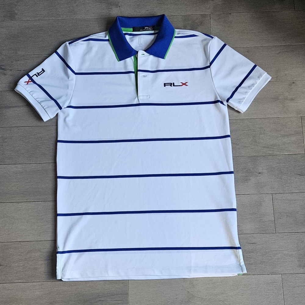 Men's White and Blue Striped Polo-$9.99 Discounted Shipping